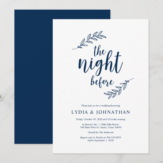 The night before, Navy Blue, Rehearsal Dinner Invitation (Front/Back)