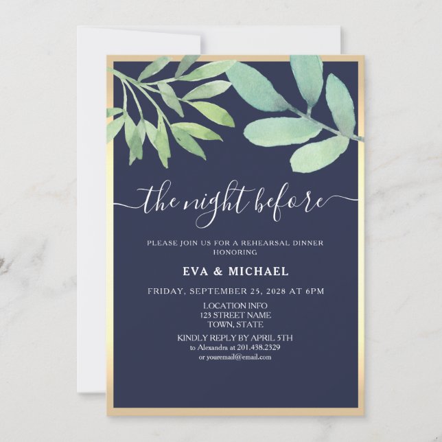 The Night Before Navy Blue Rehearsal Dinner  Invitation (Front)