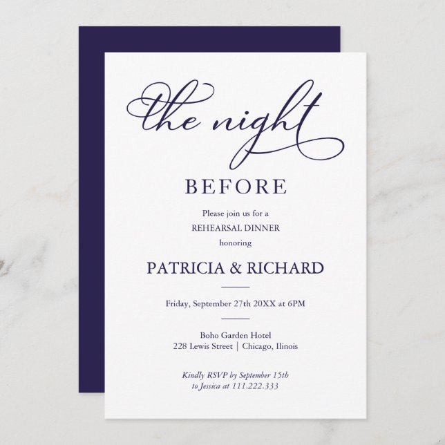 The Night Before Navy Blue Script Rehearsal Dinner Invitation (Front/Back)