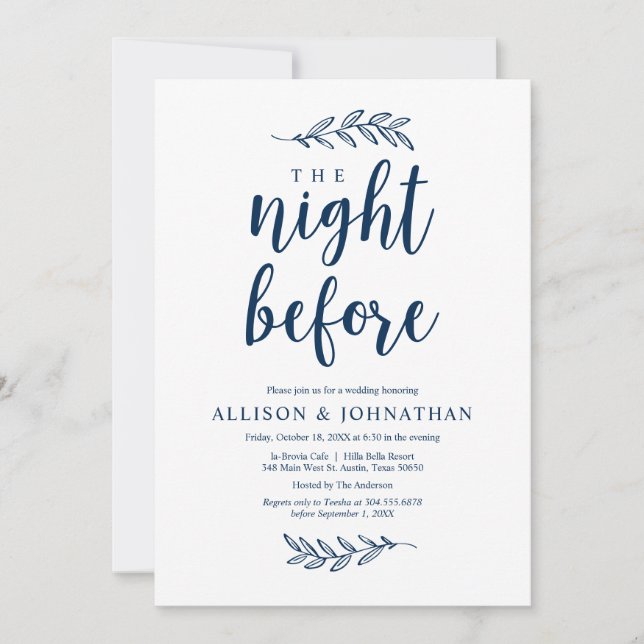 The night before, Navy Blue, Wed Rehearsal Dinner Invitation (Front)