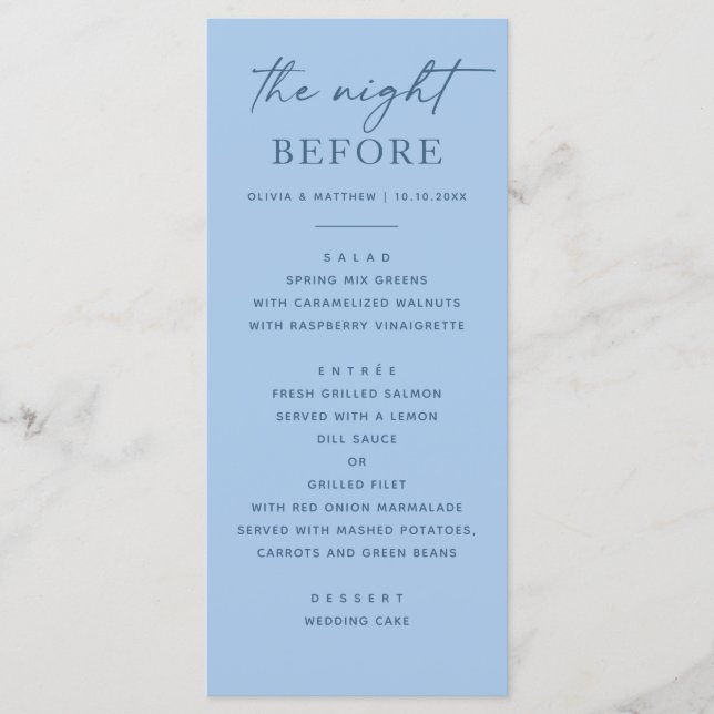 The Night Before. Pastel Sky Blue Rehearsal Dinner Menu (Front)