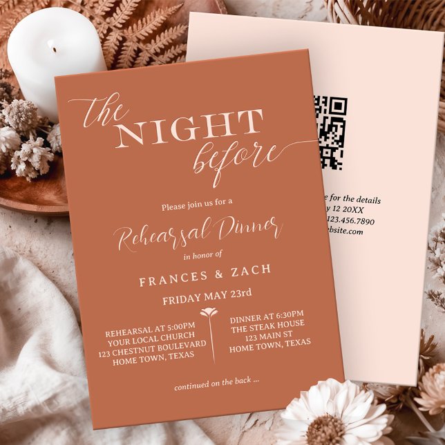 The Night Before QR Code Rehearsal Dinner Invitation (Modern rehearsal dinner invitation with a scripted text image "The Night Before")