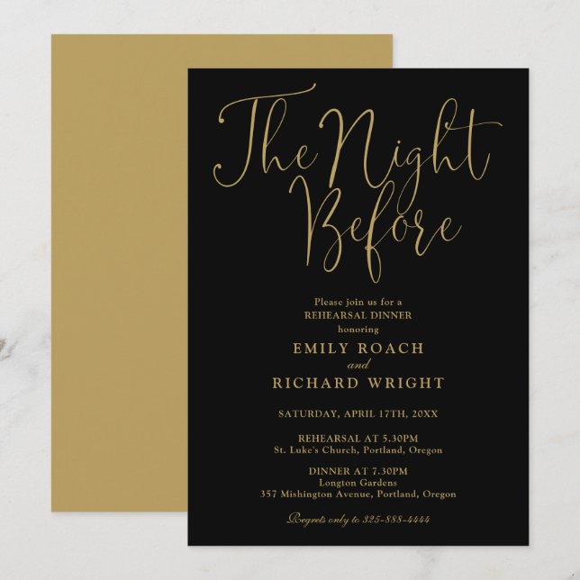 The Night Before Rehearsal Dinner Black And Gold Invitation (Front/Back)