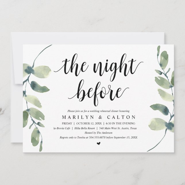 The Night Before, Rehearsal Dinner, Eucalyptus Invitation (Front)