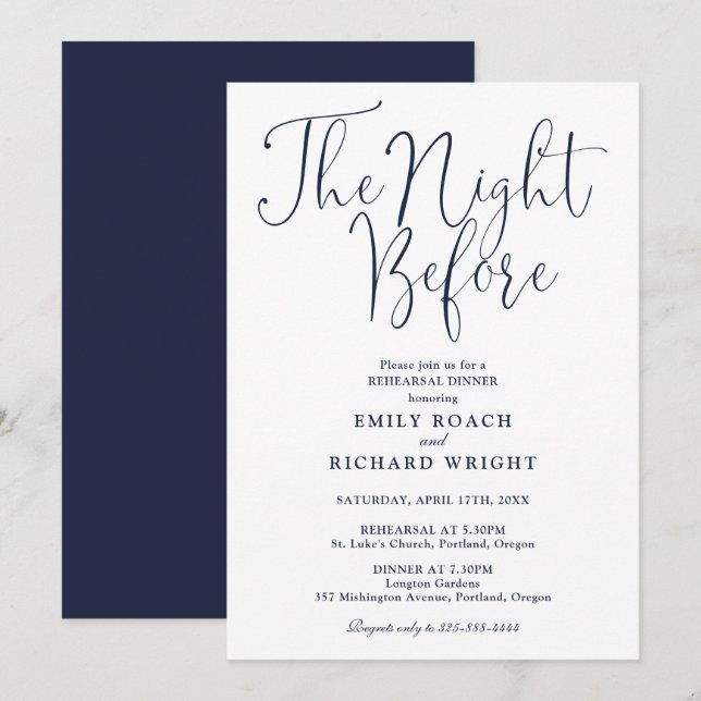 The Night Before Rehearsal Dinner Navy Blue Invitation (Front/Back)