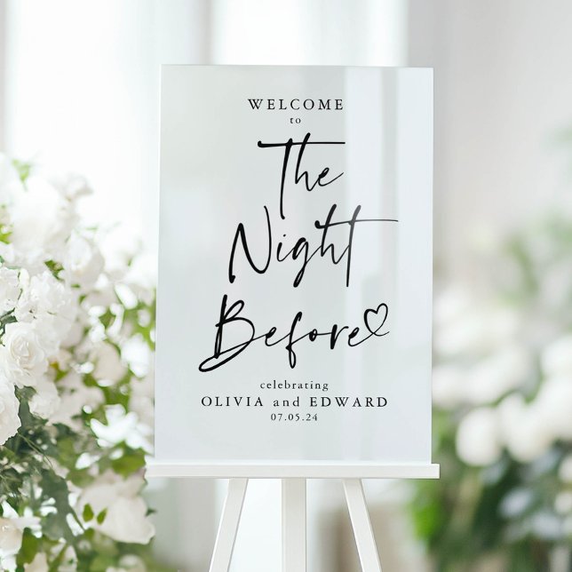 The Night Before Rehearsal Dinner White Welcome Acrylic Sign (White Acrylic Sign for Rehearsal Dinner "The Night Before" )