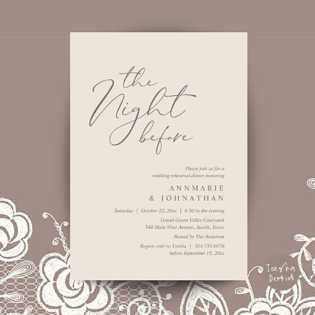 The Night Before Romantic Wedding Rehearsal Dinner Invitation (The Night Before Romantic Wedding Rehearsal Dinner Invitation Card in Cream and Grey)