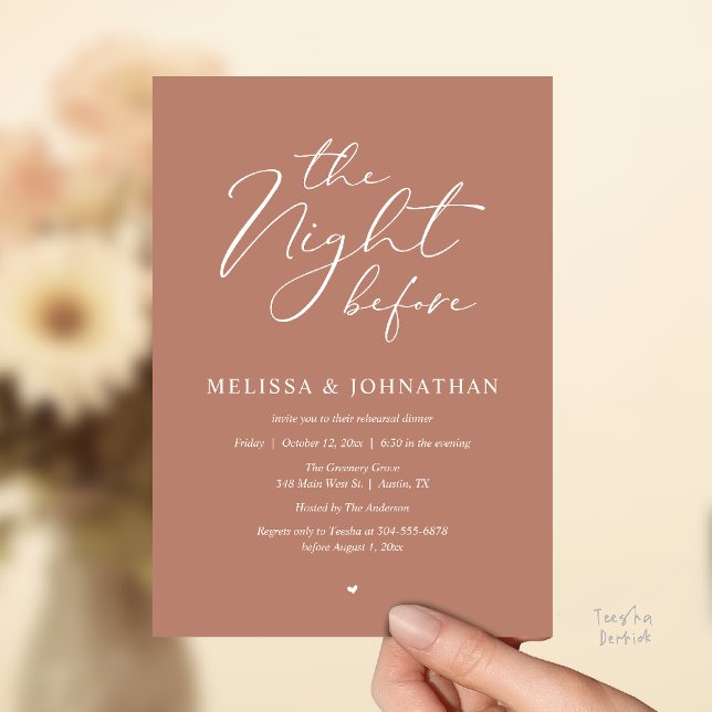 The Night Before Romantic Wedding Rehearsal Dinner Invitation (The Night Before Romantic Wedding Rehearsal Dinner Invitation Card in Terracotta Brown Earthy)