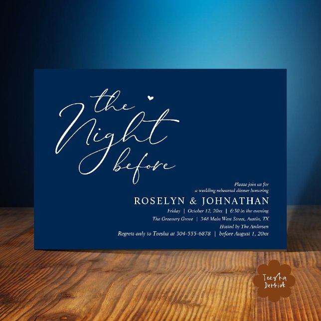 The Night Before Romantic Wedding Rehearsal Dinner Invitation (The Night Before Romantic Wedding Rehearsal Dinner Little heart Invitation Card PDF Navy Blue)
