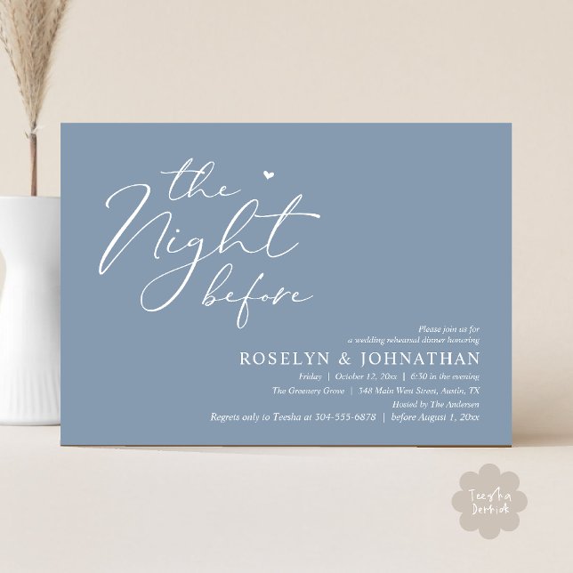 The Night Before Romantic Wedding Rehearsal Dinner Invitation (The Night Before Romantic Wedding Rehearsal Dinner Little heart Invitation Card PDF Dusty Blue)
