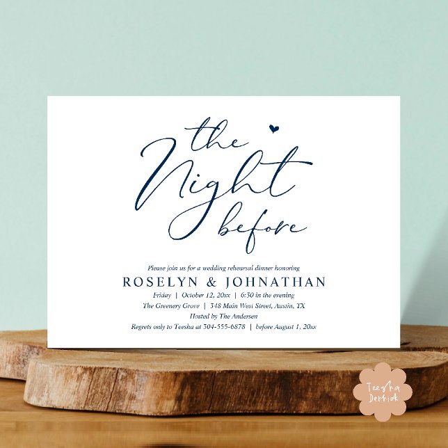 The Night Before Romantic Wedding Rehearsal Dinner Invitation (The Night Before Romantic Wedding Rehearsal Dinner Little heart Invitation Card PDF Navy Blue)