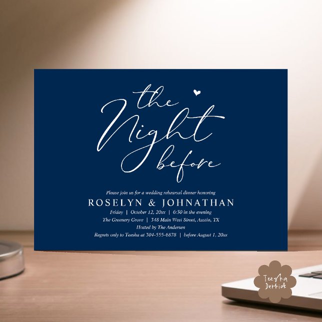 The Night Before Romantic Wedding Rehearsal Dinner Invitation (The Night Before Romantic Wedding Rehearsal Dinner Little heart Invitation Card PDF Navy Blue)