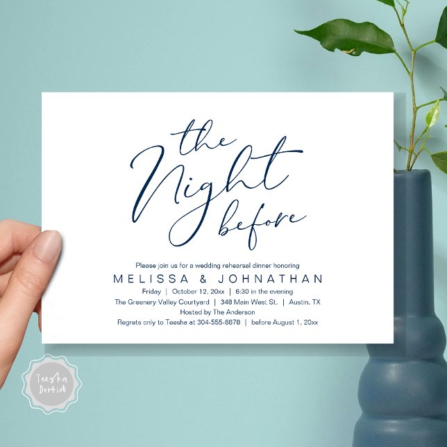 The Night Before Romantic Wedding Rehearsal Dinner Invitation (The Night Before Romantic Modern Wedding Rehearsal Dinner Aesthetic Invites PDF Classy Navy Blue)