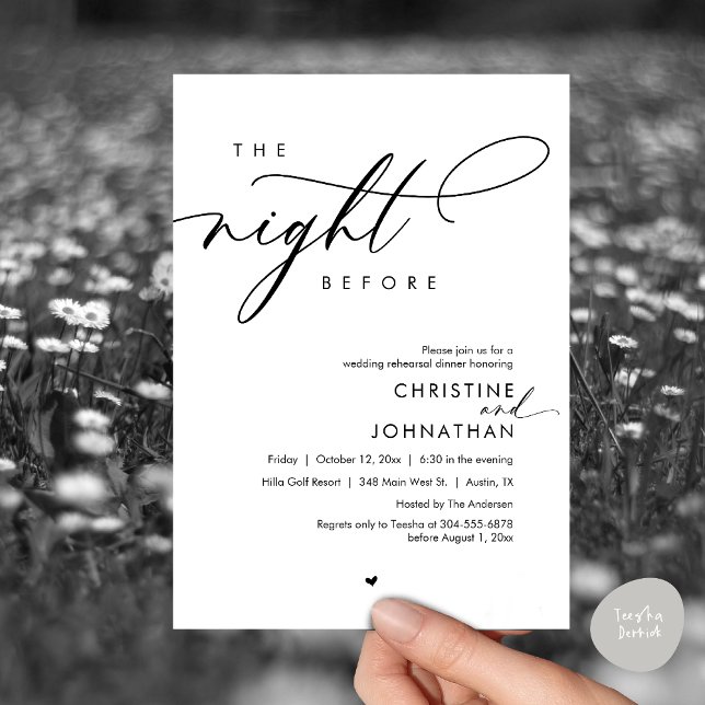 The Night Before Romantic Wedding Rehearsal Dinner Invitation (The Night Before, Modern Romantic Wedding Rehearsal Dinner Invitation Card, PDF, In Black and White)