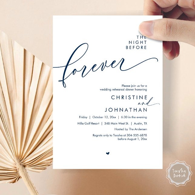 The Night Before Romantic Wedding Rehearsal Dinner Invitation (The Night Before Forever, Romantic Wedding Rehearsal Dinner Invitation Card, PDF, In Navy Blue)