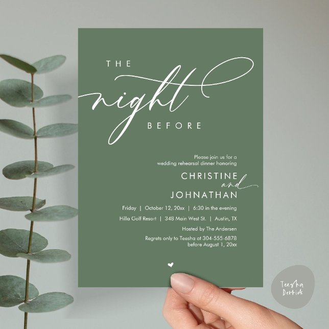 The Night Before Romantic Wedding Rehearsal Dinner Invitation (Modern Romantic The Night Before, Wedding Rehearsal Dinner Invitation Card, PDF, Forest Sage Green)