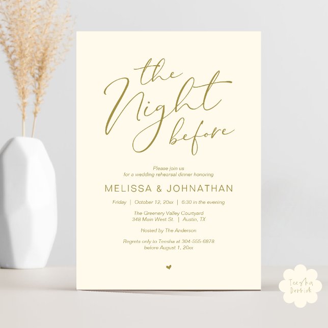 The Night Before Romantic Wedding Rehearsal Party Invitation (The Night Before Romantic Modern Wedding Rehearsal Dinner Aesthetic Invites PDF Classy Yellow Gold)