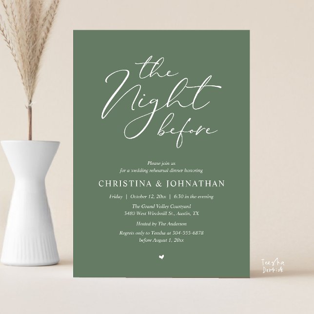 “The Night Before” Sage Green Rehearsal Dinner Invitation (“The Night Before” Elegant Script Romantic Rehearsal Dinner Invitation Card Sage Green)