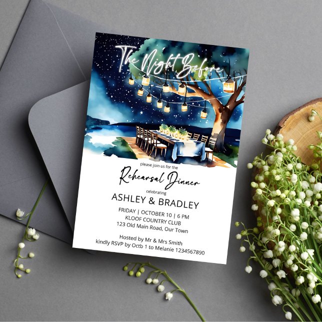 The night before string of lights watercolor invitation (The night before rehearsal dinner party template invitation digital download string of light night)