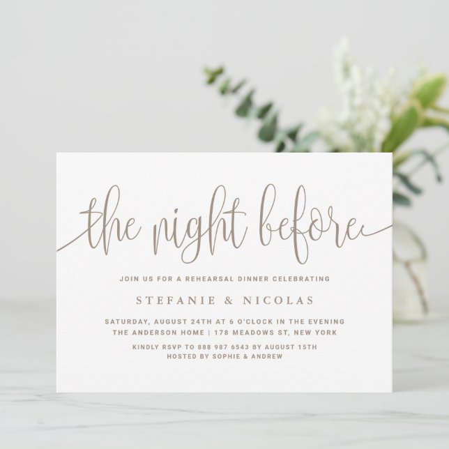The Night Before Taupe Script Rehearsal Dinner Invitation (Standing Front)