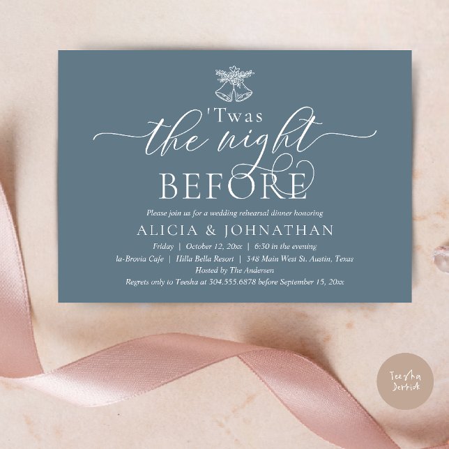 The Night Before, Twas Wedding Rehearsal Dinner Invitation (The Night Before, Twas Wedding Rehearsal Dinner Party Invites Card mistletoe wedding bell dusty Blue)