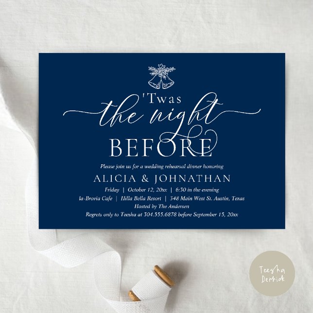 The Night Before, Twas Wedding Rehearsal Dinner Invitation (The Night Before, Twas Wedding Rehearsal Dinner Party Invites Card mistletoe wedding bell Navy Blue)