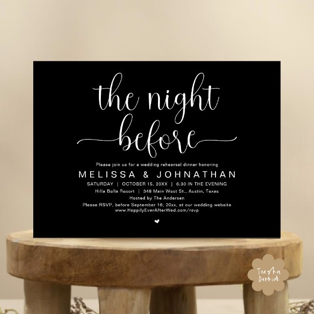 The Night Before, Wedding Rehearsal Dinner Invitat Invitation (The Night Before, Wedding Rehearsal Dinner Romantic Party Invitation Card Heart PDF Classy Black)