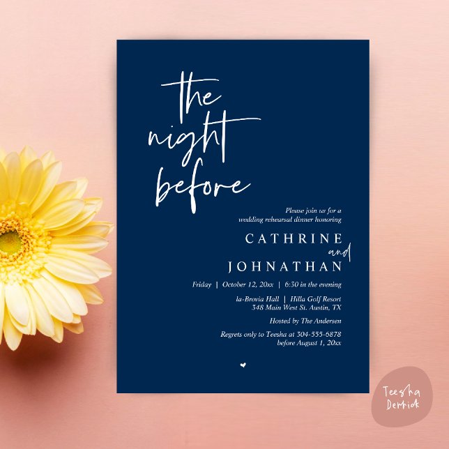The night before, Wedding Rehearsal Dinner Invitation (The night before, Modern Wedding Rehearsal Dinner Invitation Card, PDF, in Navy Blue)