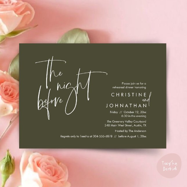 The Night Before, Wedding Rehearsal Dinner Invitation (The night before, Casual Modern Wedding Rehearsal Dinner Invitation Card PDF Olive Green)