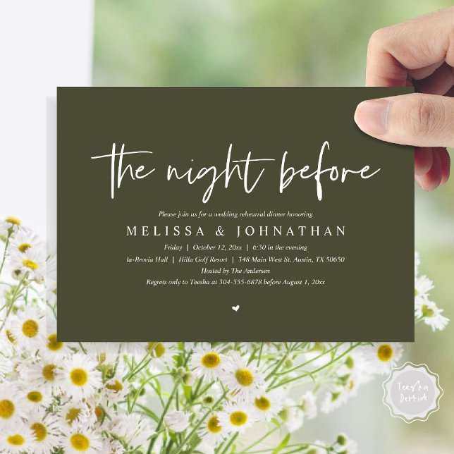 The Night Before, Wedding Rehearsal Dinner Invitation (The Night Before, Wedding Rehearsal Dinner Invitation Card, Modern Casual Script, in Olive Green)