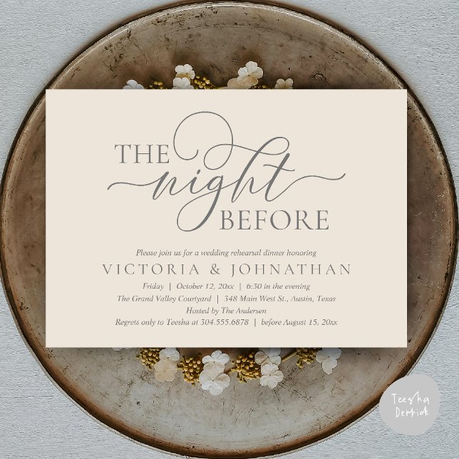 The Night Before, Wedding Rehearsal Dinner Party Invitation (The Night Before, Wedding Rehearsal Dinner Party Classy Romantic Invitation Card PDF Cream Grey)
