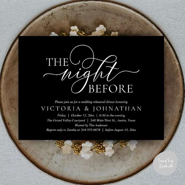 The Night Before, Wedding Rehearsal Dinner Party Invitation (The Night Before, Wedding Rehearsal Dinner Party Classy Romantic Invitation Card PDF Black White)