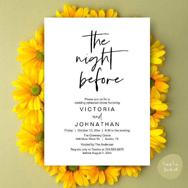 The Night Before, Wedding Rehearsal Dinner Party Invitation (The Night Before, Wedding Rehearsal Dinner Party Invites Card PDF Romantic Modern Casual Black White)