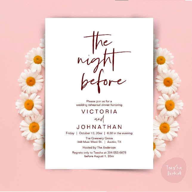 The Night Before, Wedding Rehearsal Dinner Party Invitation (The Night Before, Wedding Rehearsal Dinner Party Invites Card PDF Romantic Modern Casual Burgundy)