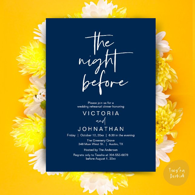The Night Before, Wedding Rehearsal Dinner Party Invitation (The Night Before, Wedding Rehearsal Dinner Party Invites Card PDF Romantic Modern Casual Navy Blue)
