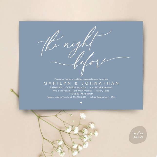 The Night Before, Wedding Rehearsal Dinner Party Invitation (The Night Before, Romantic Modern Wedding Rehearsal Dinner Party Invitation Card PDF Dusty Blue)