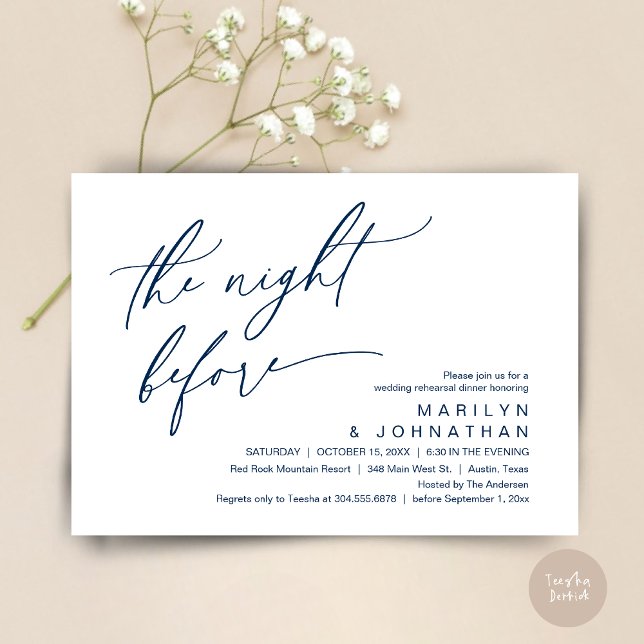 The Night Before, Wedding Rehearsal Dinner Party Invitation (The Night Before, Romantic Modern Wedding Rehearsal Dinner Party Invitation Card PDF Navy Blue)