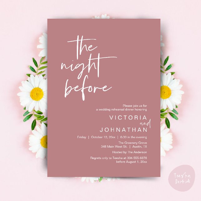 The Night Before, Wedding Rehearsal Party Dinner Invitation (The Night Before, Wedding Rehearsal Dinner Party Invites Card PDF Romantic Modern Casual Dusty Rose)