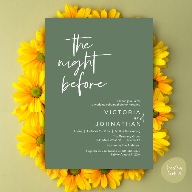 The Night Before, Wedding Rehearsal Party Dinner Invitation (The Night Before, Wedding Rehearsal Dinner Party Invites Card PDF Romantic Modern Casual Sage Green)