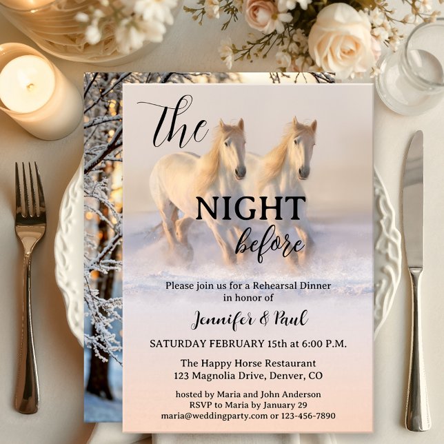 The Night Before Winter Horses Rehearsal Dinner Invitation (Elegant winter wonderland Rehearsal Dinner invitation featuring two horses running in the snow)