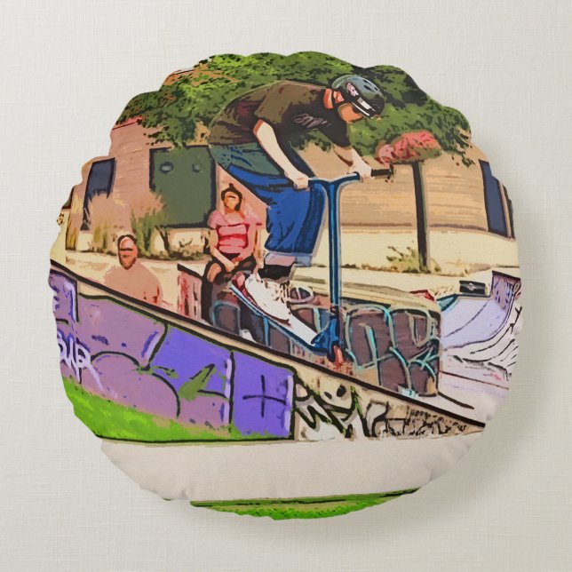 The Nosedive Landing - Scooter Rider Trick Round Cushion (Front)