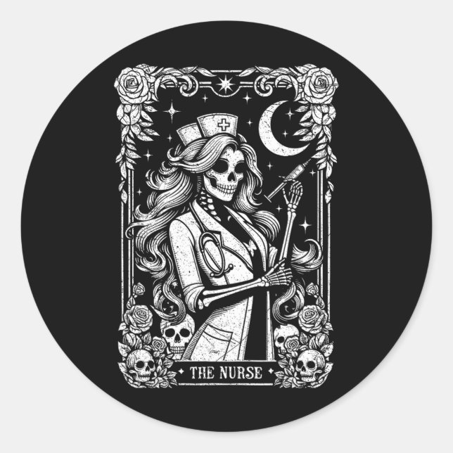 The Nurse Skeleton Tarot Card Funny Nursing Nurse  Classic Round Sticker (Front)