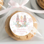 The Nutcracker Ballet Blush Pink 1st Birthday Classic Round Sticker<br><div class="desc">Whimsical The Nutcracker Ballet Round Sticker Labels. Personalise them with your details easily and quickly, simply press the Edit Using Design Tools button to further re-arrange and format the style and placement of the text. Featuring whimsical characters from the Nutcracker in sweet pastel colours. Perfect for your little snowflake's first...</div>