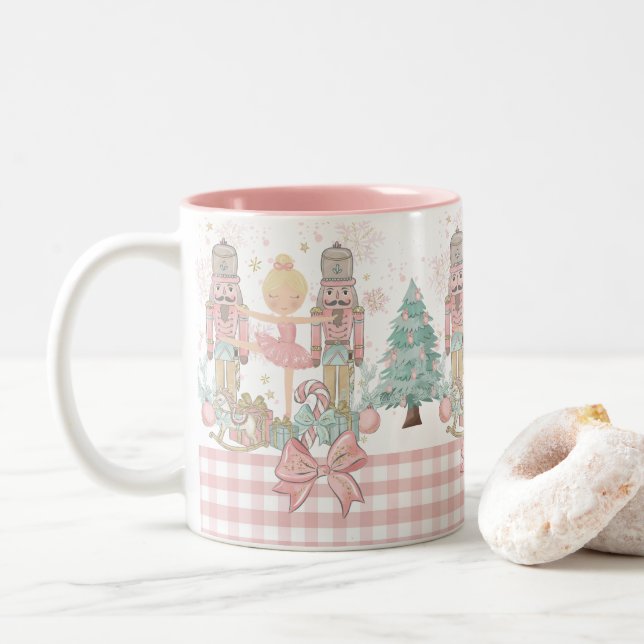 The Nutcracker Ballet Pastel Blush Pink Christmas Two-Tone Coffee Mug (With Donut)