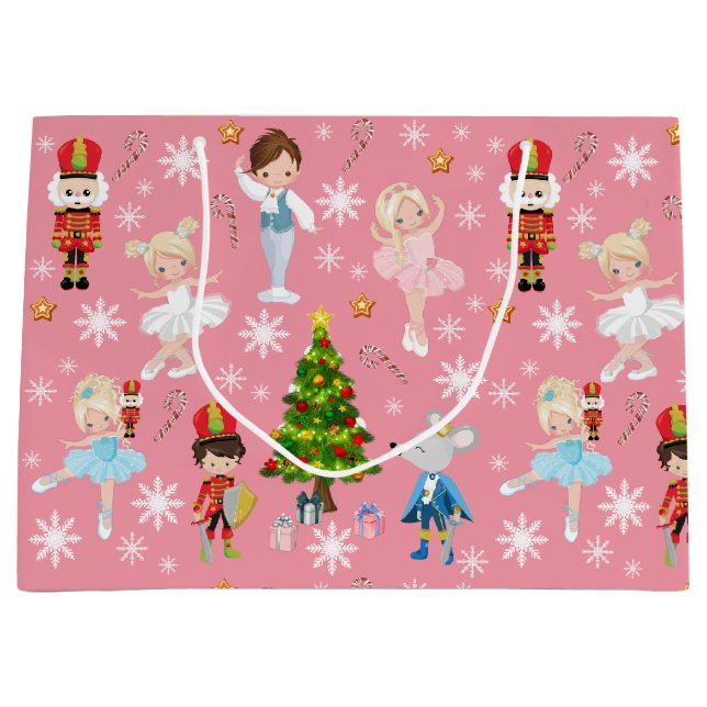 The Nutcracker Characters Pink Winter Christmas Large Gift Bag (Front)