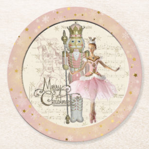 The Nutcracker Suite - Ballerina & Nutcracker Pink Round Paper Coaster