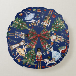 The Nutcracker Vintage Christmas Ballet Red Blue Round Cushion