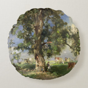 The Old Ash Tree (oil on canvas) Round Cushion
