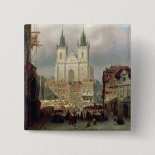 The Old Market Place at Prague, 1881 (oil on canva 15 Cm Square Badge