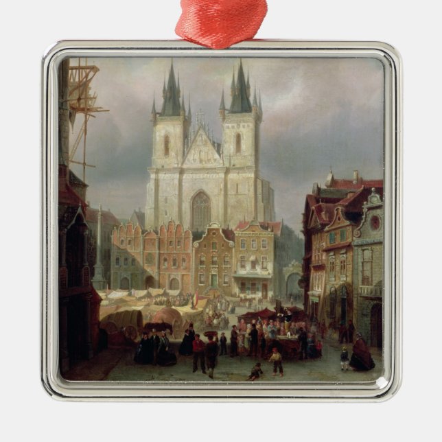 The Old Market Place at Prague, 1881 (oil on canva Metal Tree Decoration (Front)